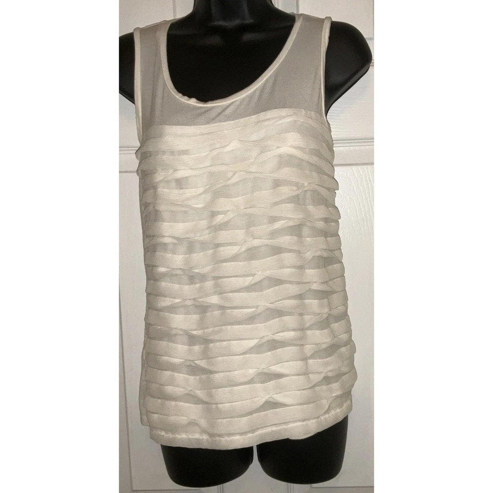 Ann Taylor Womens Cream Sleeveless Ruffle Blouse Petite SP Career Casual Summery